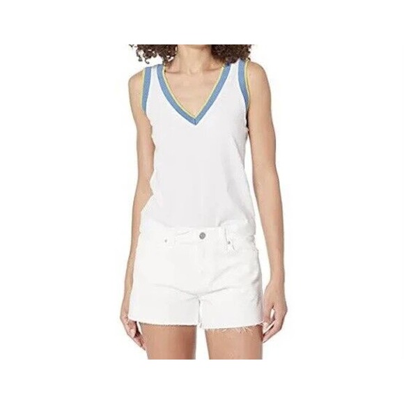 NWT Monrow Womens V Neck Tank‎ Size XS Ribbed Trim White Sleeveless Cotton - Picture 1 of 11